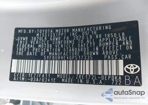 2016 Toyota Corolla L из США, поврежденный, VIN 5YFBURHE4GP517335